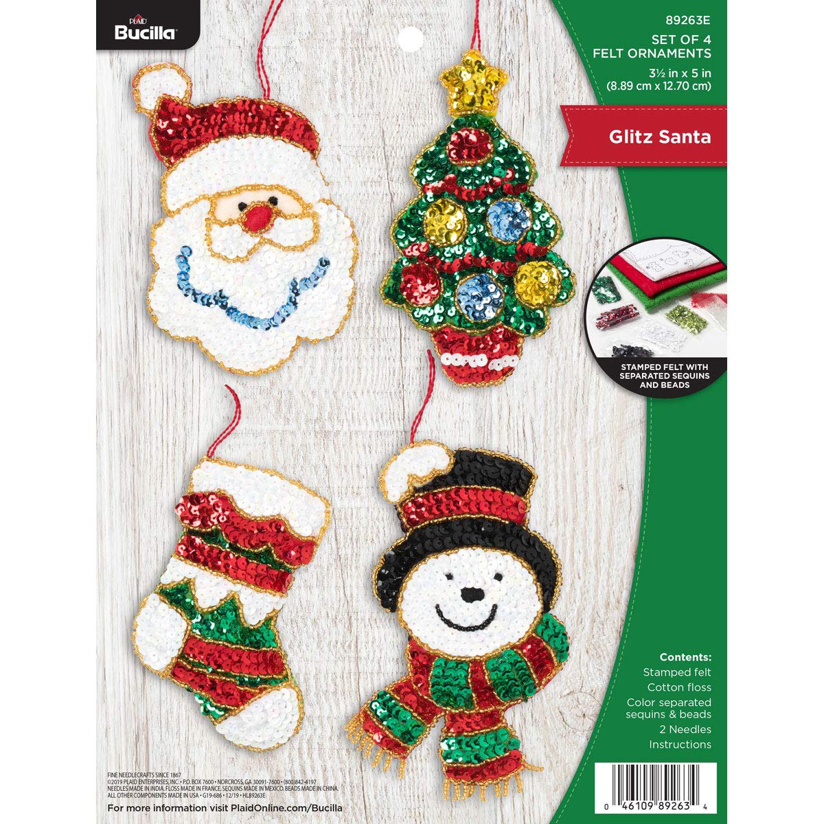 Plaid Felt Ornament KIT SANT, Glitz Santa, One Size