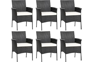 RELAX4LIFE Wicker Patio Chairs Set of 6, Indoor Outdoor PE Rattan Armchairs w/Cane Back, Seat Cushions for Bistro Porch Poolside, 360LBS Weight Capacity, 6 Pack Outdoor Dining Chairs (6, Black+Beige)
