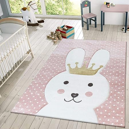 TT Home Kinder Teppich Modern Süßer Hase Mit Krone Punkte Design Spielteppich Rosa Weiß, Größe:160x230 cm