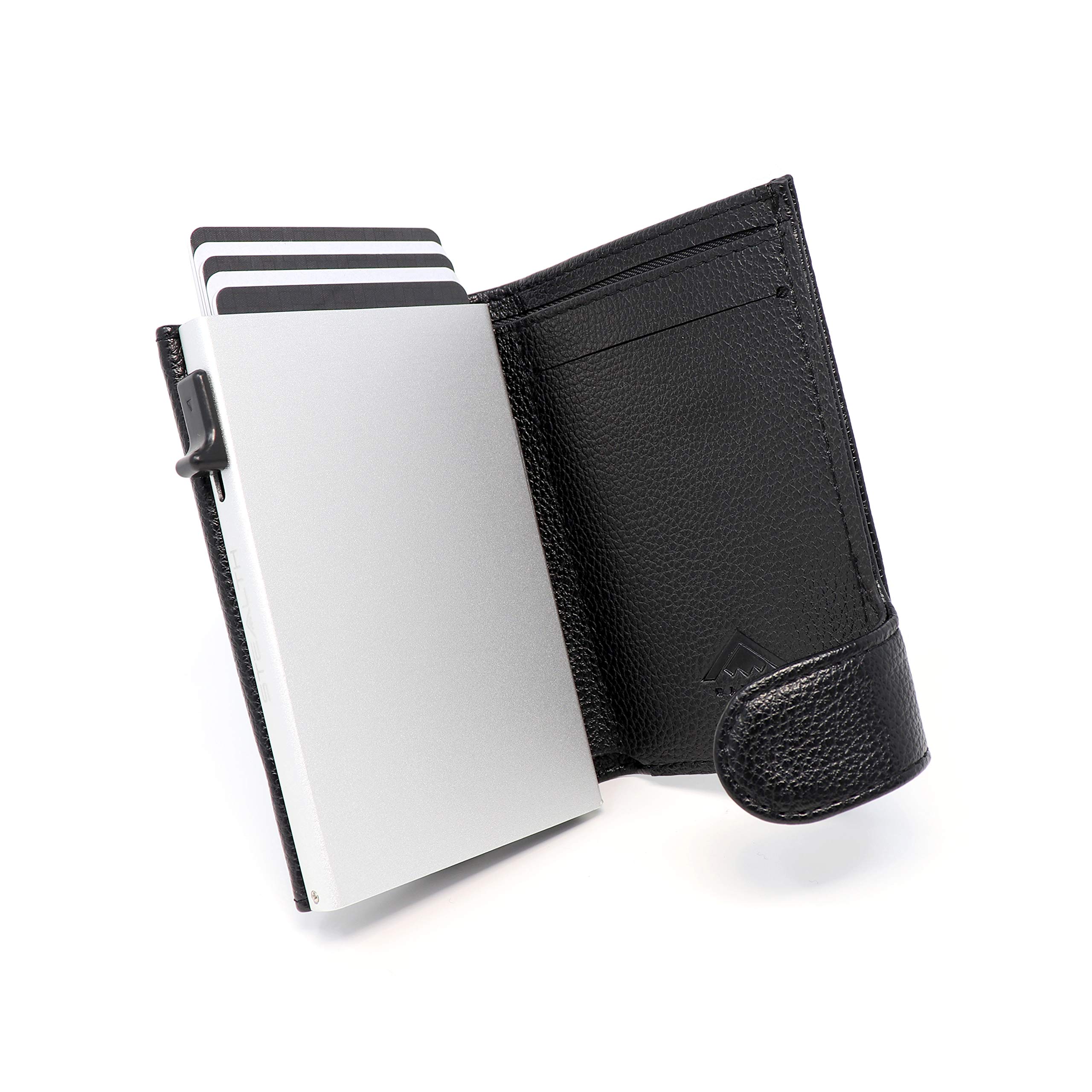 Stealth Wallet - Smart Minimalist Card Holders - RFID/NFC Blocking Pop Up Wallets with Gift Box - Credit Cards Holder & Contactless Protection (Silver Aluminium with Black Leather and Coin Pocket)