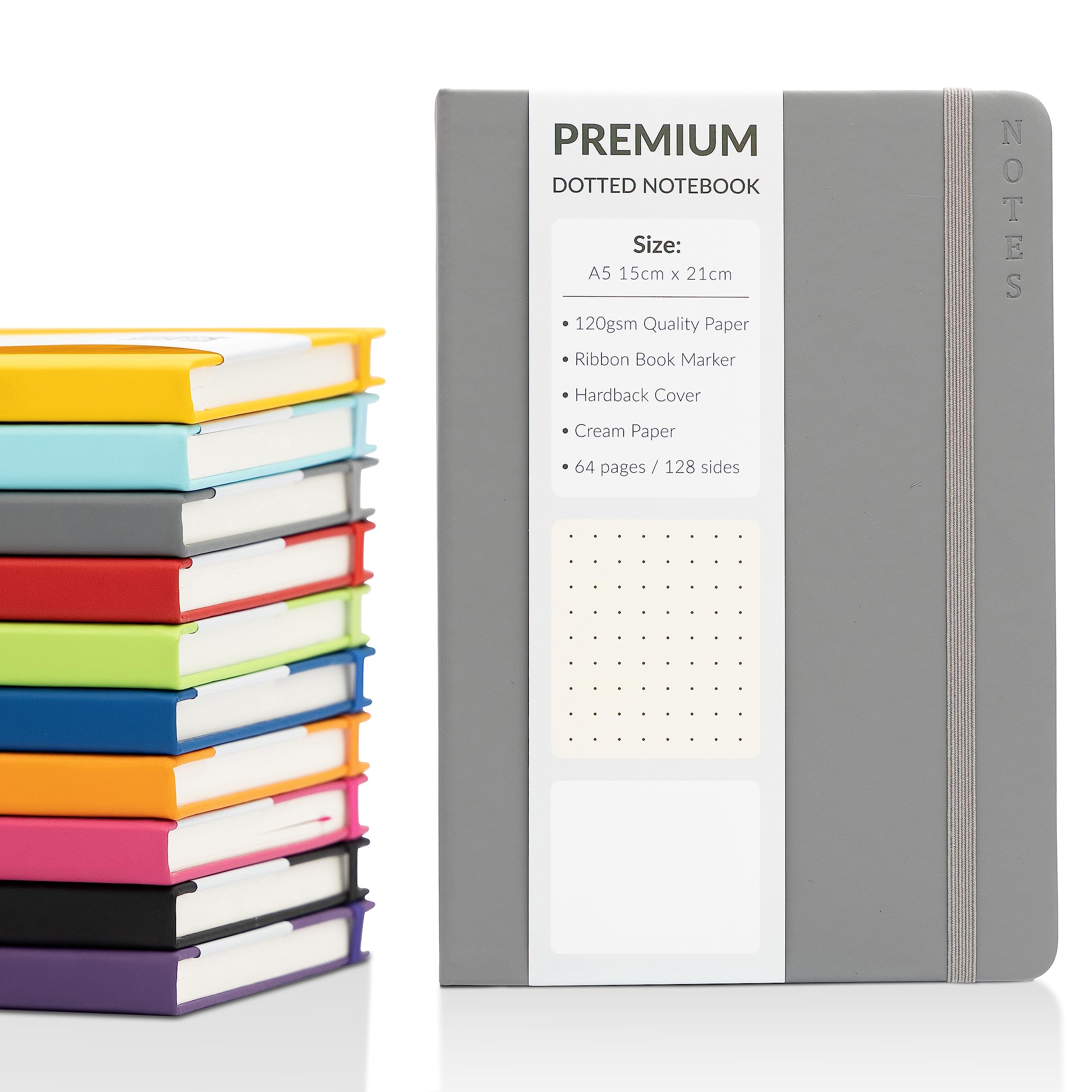 evelay Bullet Journal A5 Dotted Notebook with Faux Leather Hardback Cover and Premium 120gsm Thick Dot Grid Paper (128 Cream Pages, Grey) — image 1