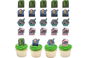 DecoPac Minecraft Lush Finds Rings, Cupcake Decorations Featuring Creeper, Alex, Steve and Axolotl! Multicolored 3D Food Safe Cake Toppers – 24 Pack