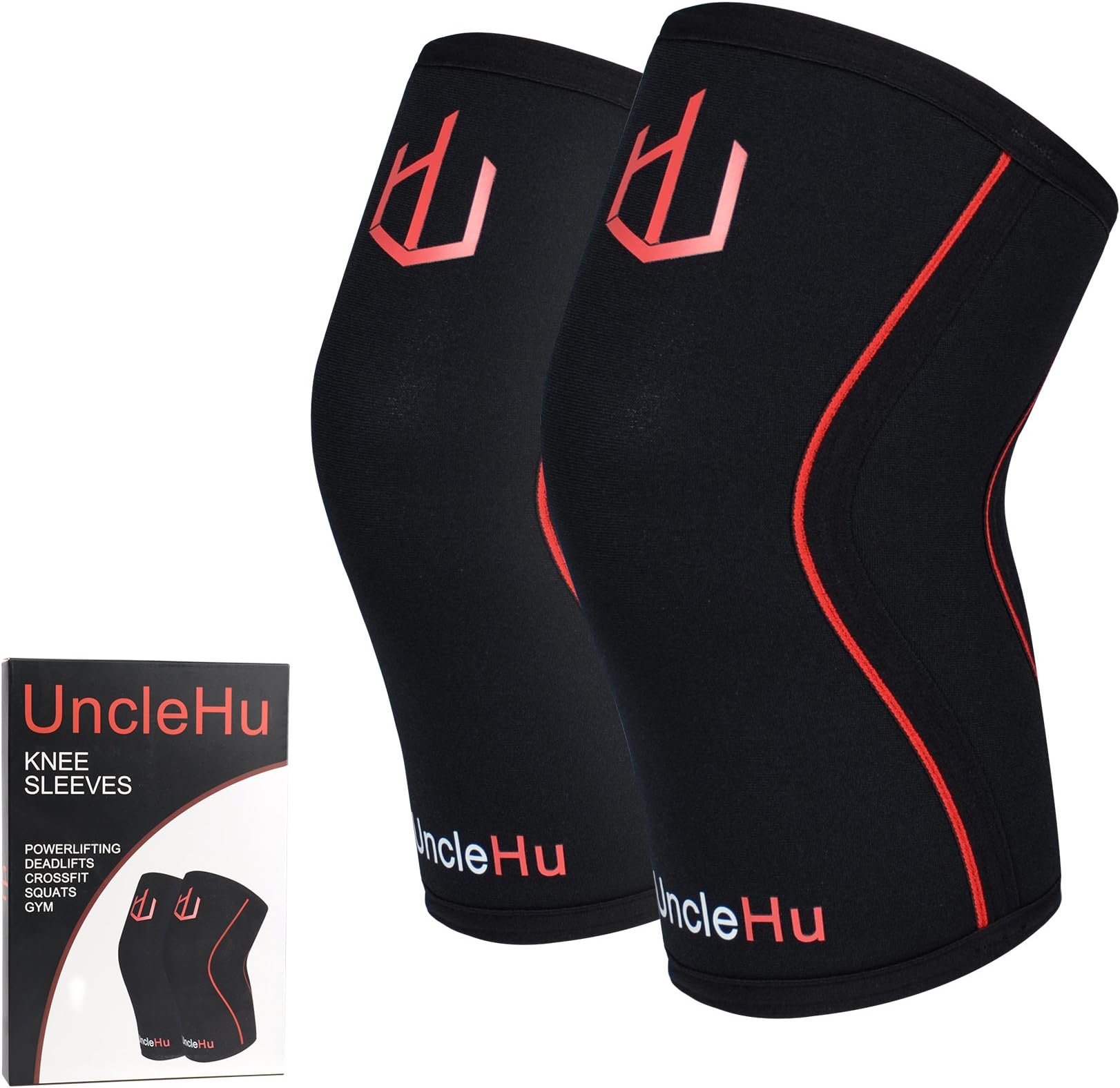 UncleHu Knee Sleeves Pair of 7mm Neoprene Compression Support Braces for Weightlifting, Powerlifting, Squats, Hiking, Warmth - Good to Joint Pain and Arthritis Relief, Men & Women