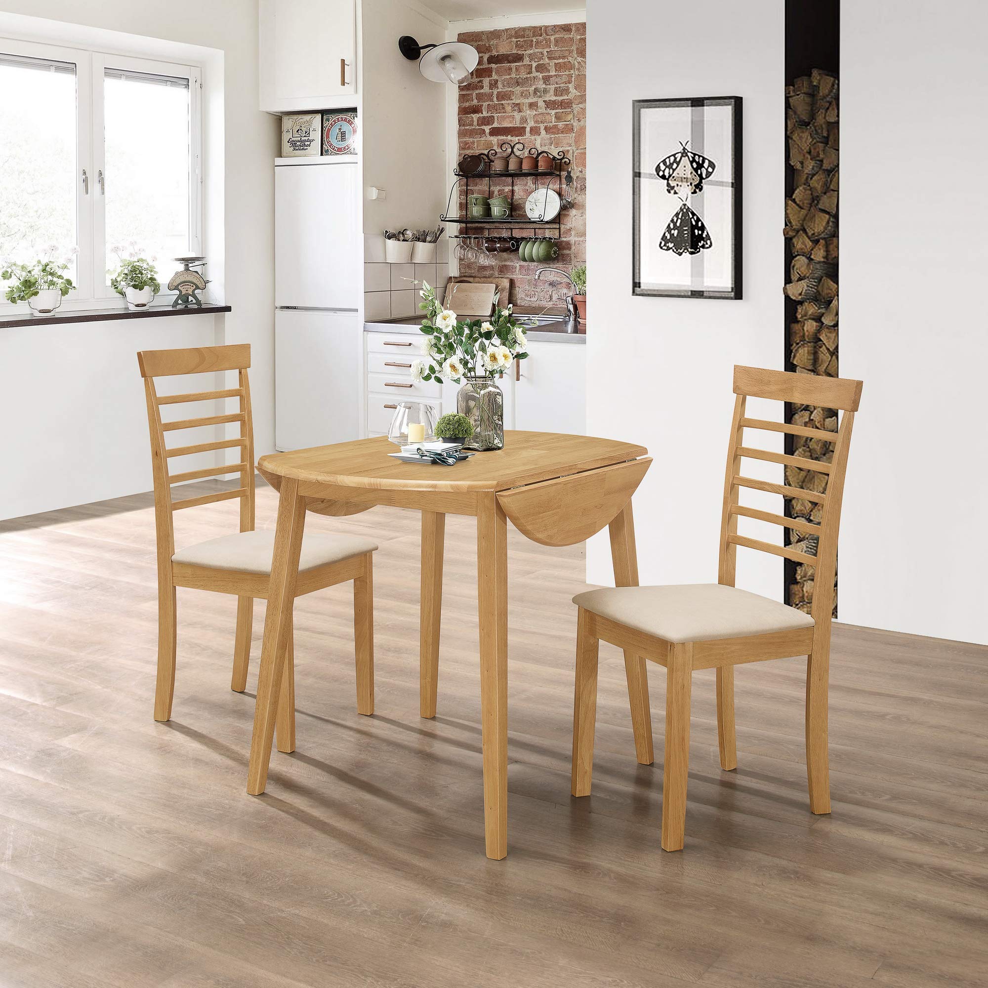 Hallowood Ledbury Small Solid Wooden Drop Leaf Round Dining Table and 2