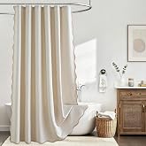 Beige Scalloped Shower Curtain Linen Textured with Cream Border, W72xL72 | Boho Farmhouse with 12 Metal Hooks Cute Heavy Duty
