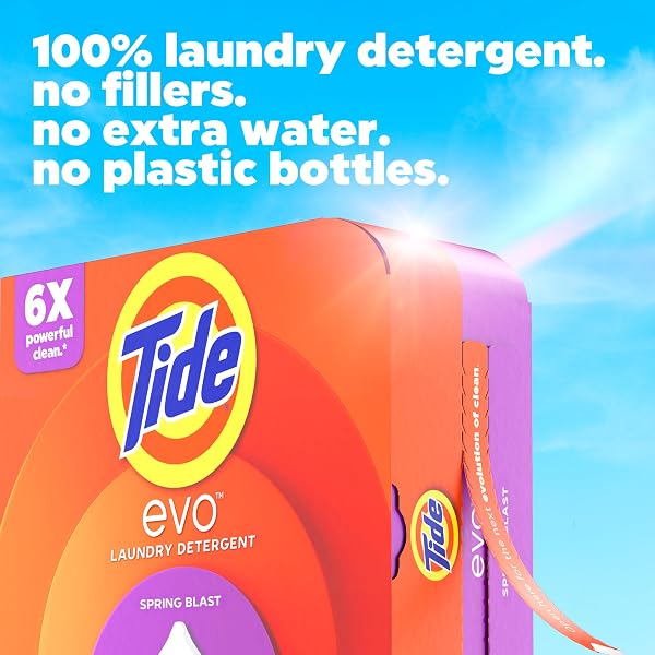 TIDE EVO LAUNDRY DETERGENT SPRING BLAST SCENT WORKS ON 100% OF COMMON STAINS CONCENTRATED TRAVEL DETERGENT HE COMPATIBLE AND INSTANT DISSOLVE FIGHTS STAINS BETTER THAN LEADING DETERGENT SHEET 42 COUNT