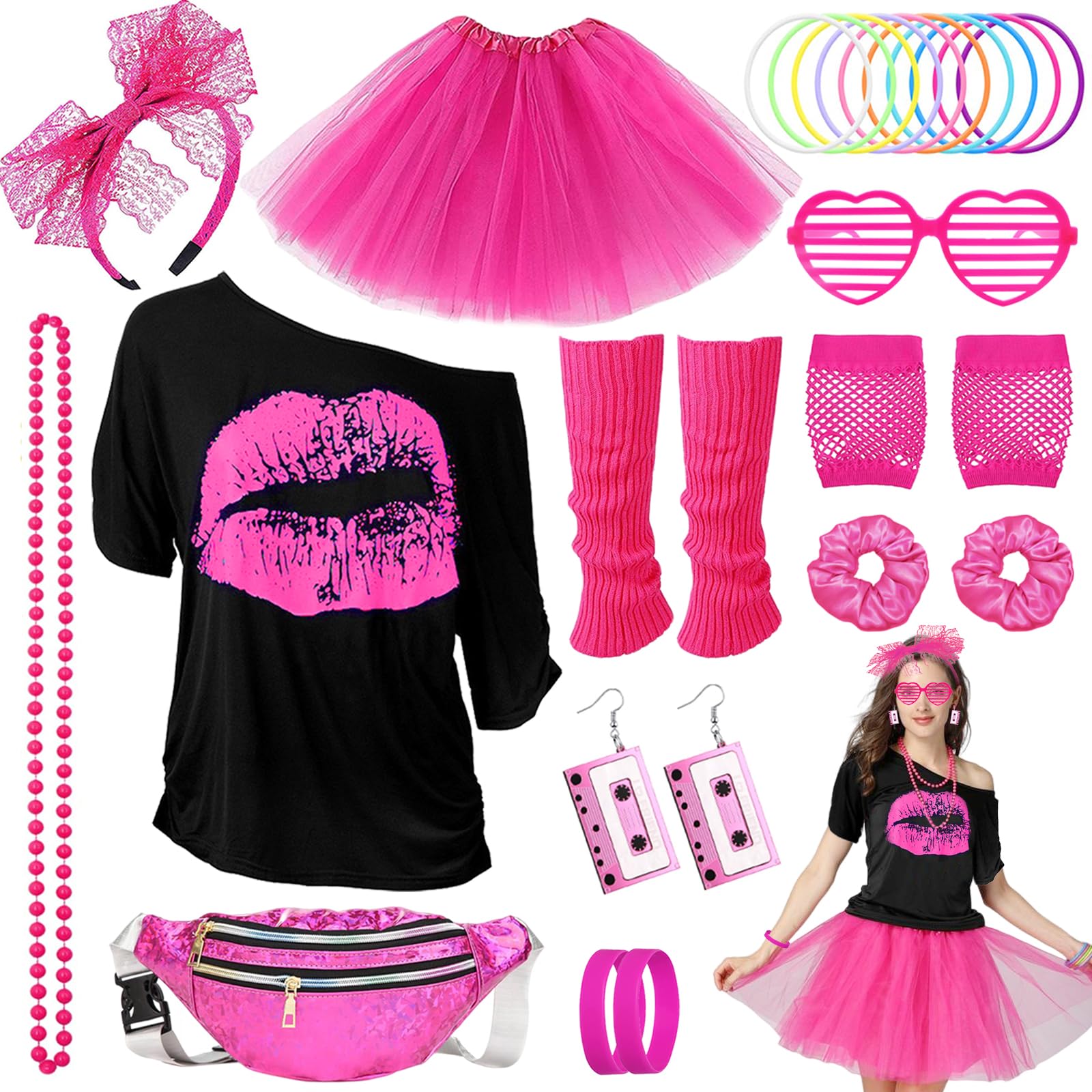80s Costume Outfits Accessories Set for Women, 1980s Fancy Dress Party Kits with T-shirt Tutu Bumbag Headband Earring Necklace Fishnet Gloves Leg Warmers Glasses Bracelet Scrunchies for Women Dress up — image 1