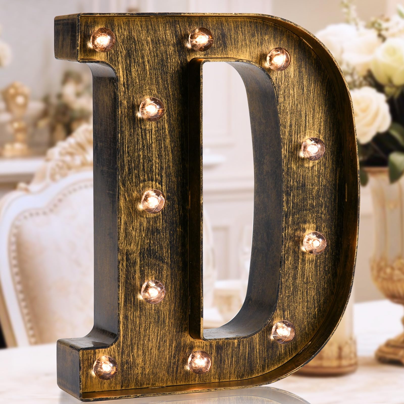 Golden Black Led Marquee Letter - Industrial, Vintage Style Light Up Alphabet Letter Sign for Cafe Wedding Birthday Party Christmas Lamp Home Bar Initials Decor - D