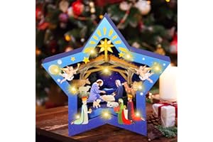 Capoda Christmas Nativity Scene Wooden Star Shaped Nativity Set Light Up Nativity Scene for Indoor Religious Rustic Manger Scenes with LED Light Home Tables Decorations 9.8 x 9.8 x 2.2 In