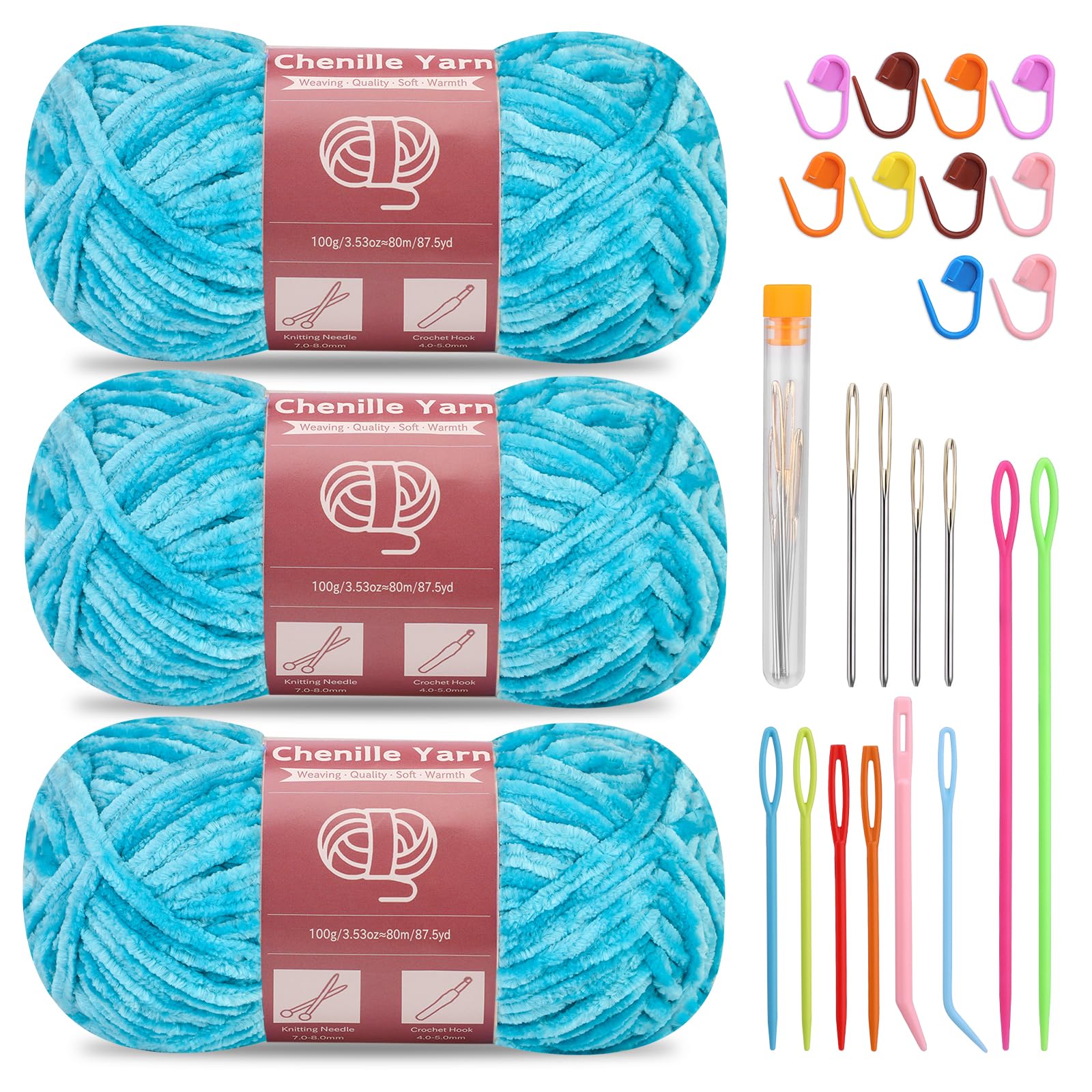 SUVSOON 3 * 100g Chenille Yarn, Chenille Velvet Yarn for Crocheting and Knitting with Needles Stitch Marker Handcrafts Weaving Soft Chenille Yarns for Blankets, Clothes, Pattern Knitting (Blue) — image 1