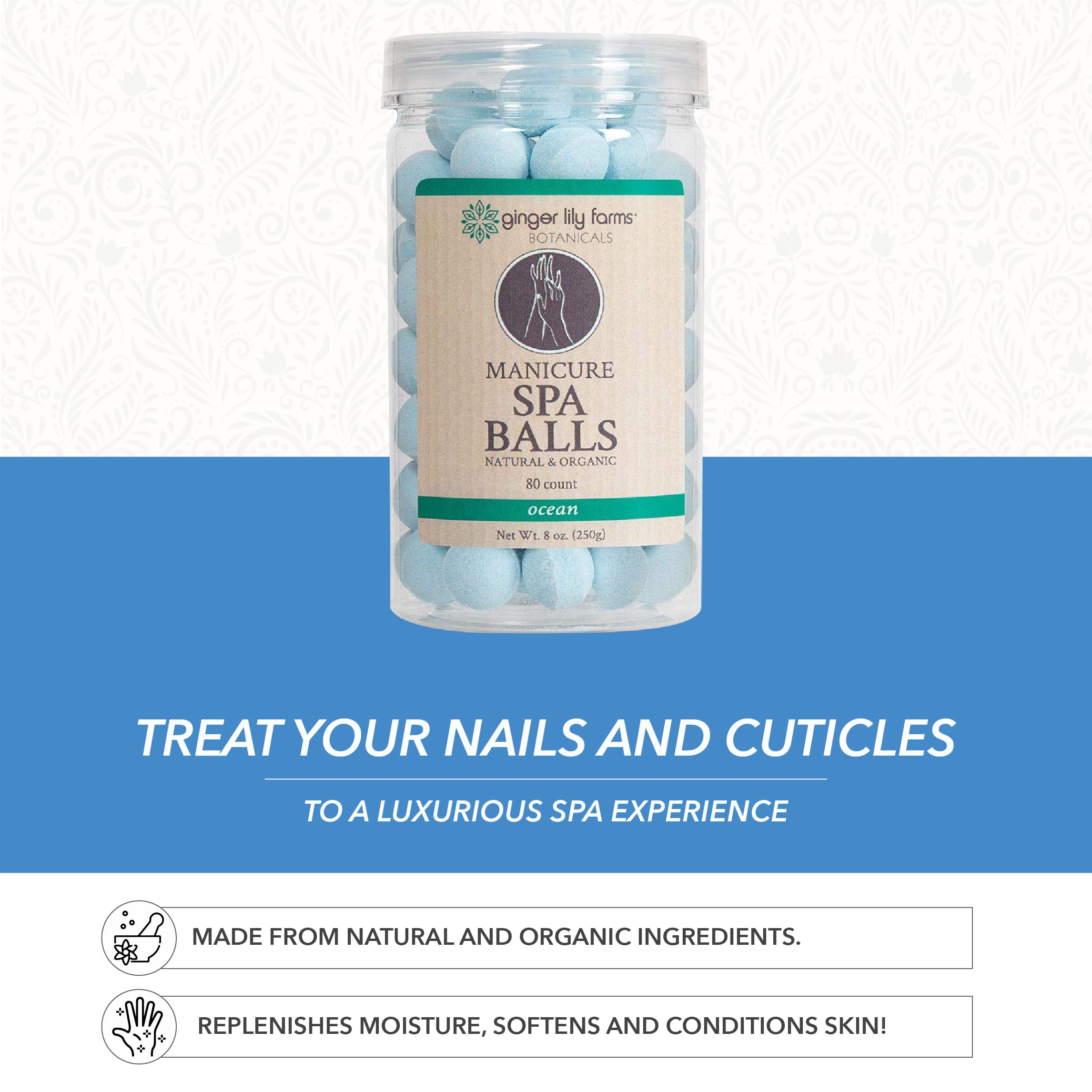 Ginger Lily Farms Botanicals Manicure Spa Balls Ocean, Manicure Soak Balls Replenishes Moisture, Softens and Conditions Skin, 8 Ounces, 80-Count