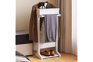 RELAHOGAR Wooden Valet Stand for Men, Clothing Valet Stand with Tray Organizer, shoe shelf and Hanging Suit, Freestanding Portable Coat Rack for Entryway, Bedroom, Office (White)