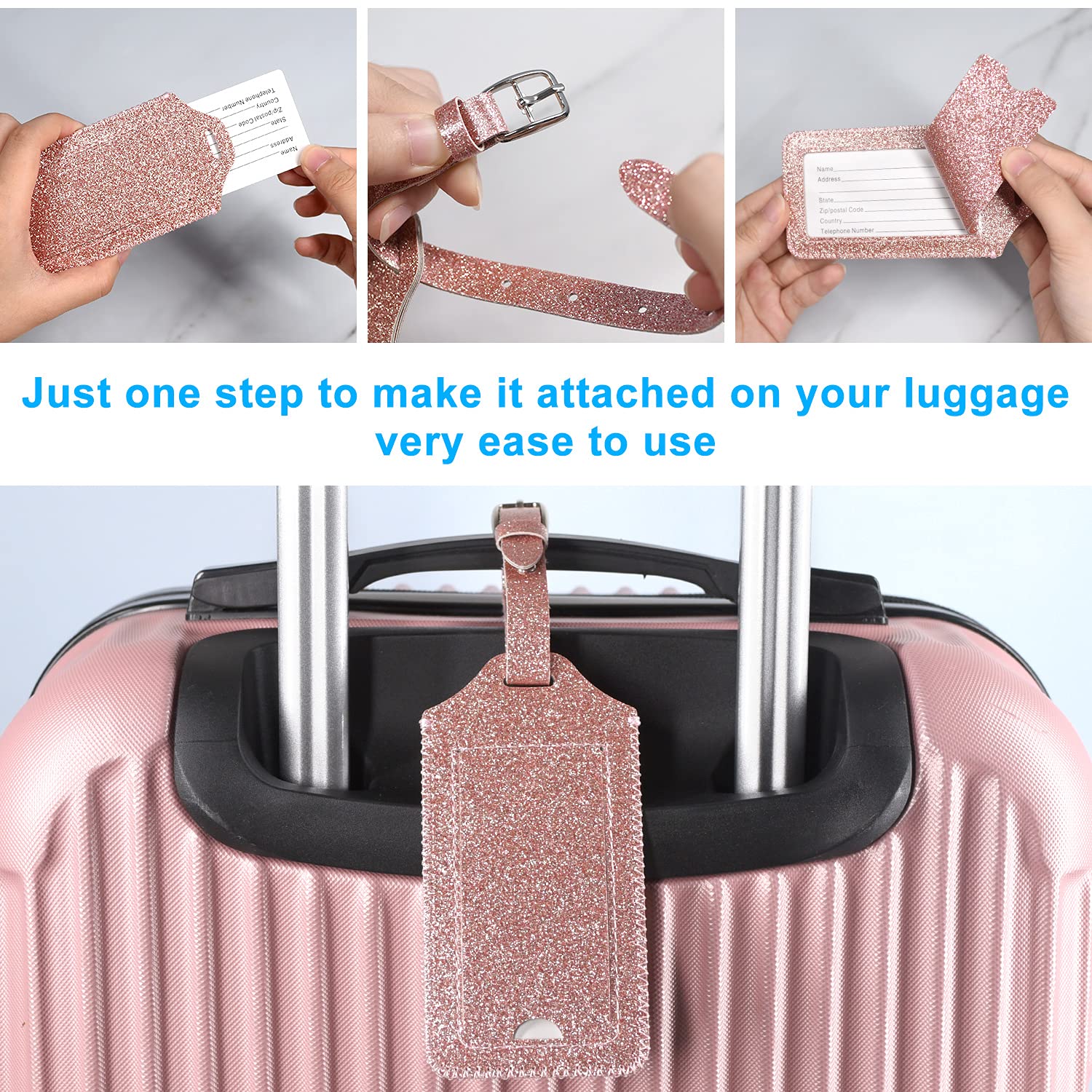 ACdream Luggage Tags 2 Pack, Leather Suitcase Identifiers, Cute Cruise ID Labels with Privacy Cover fits on Backpack for Women, Men, Adults, Kids, Travel Bag, Glitter Rose Gold