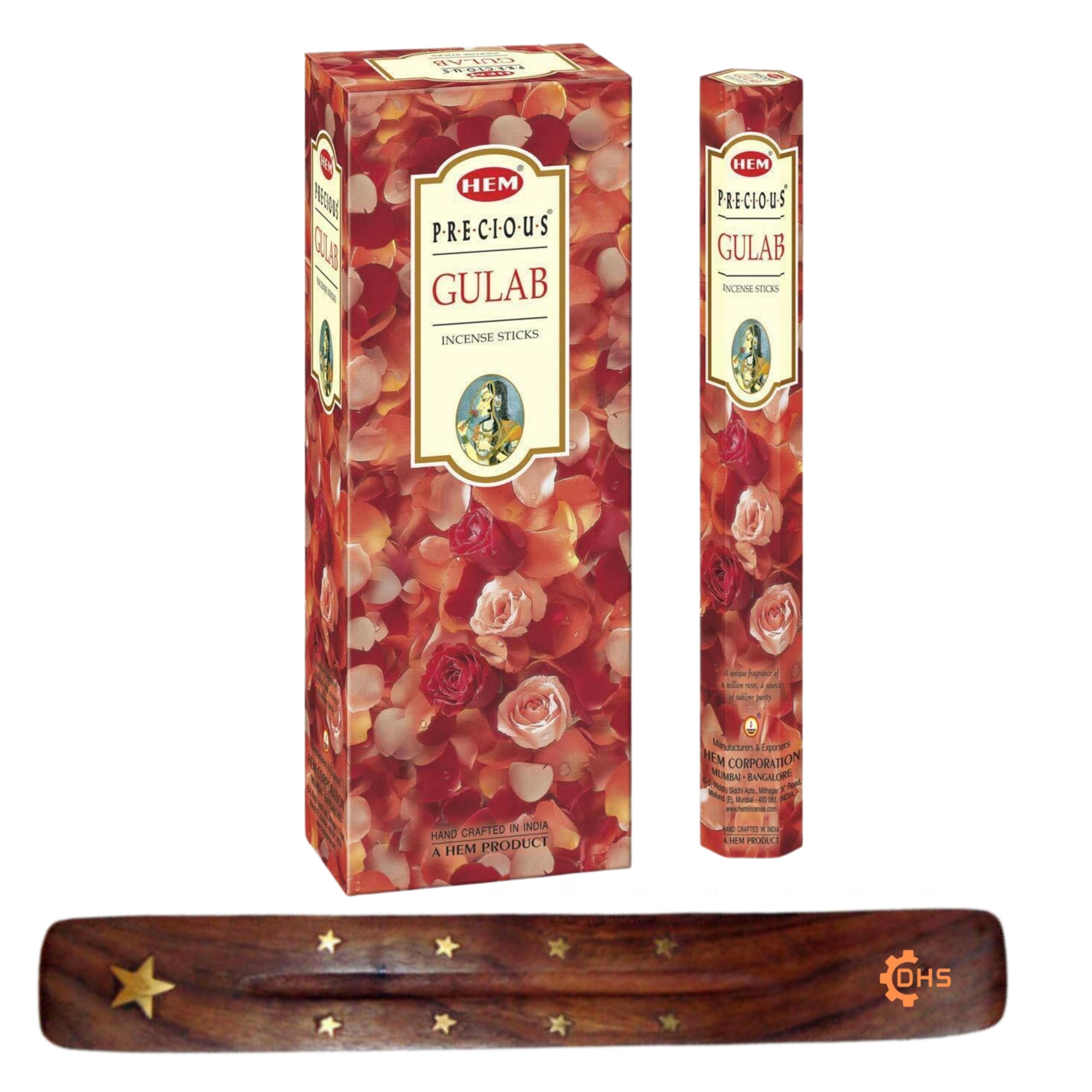 HEM Incense sticks PRECIOUS GULAB Full box of 6 with DHS incense stick holder for Yoga, Meditation, Healing, Spirituality, Aromatherapy, Incense Spa and Relaxation…