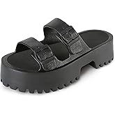 EARLDE Women's Platform Sandals Adjustable Buckle Chunky Wedge Slides Lightweight Non-Slip On Thick Soles Size 8.5 Sandalias De Plataforma Para Mujer Ladies Footbed Samdals Summer Beach Black 39