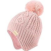 Kids Winter Beanie Hat and Scarf Set with Pom Pom for Girls, Children's Thick Ski Cap with Earflap Fleece Lined Hat 3-9 Years