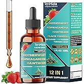 Tenmido 12in1 Motherwort Tincture - Herbal Extract Liquid Drops with Ashwagandha, Hawthorn Berry, Chasteberry, Black Cohosh, Red Clover, Passion Flower, Turmeric, Dong Quai, & More - 30ml 1 Fl Oz