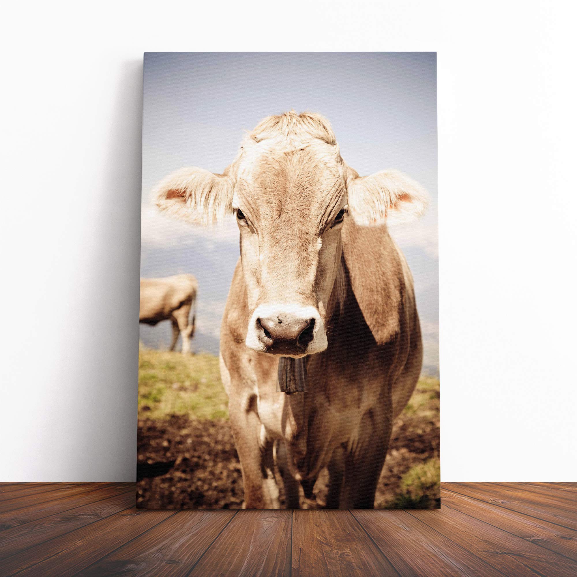 Cow in The Field (1) Canvas Print | Gallery Wrapped 30mm Frame Wall Art | 20x14 inches | Ready to Hang | Modern Animals Picture | Living Room Bedroom Lounge Office