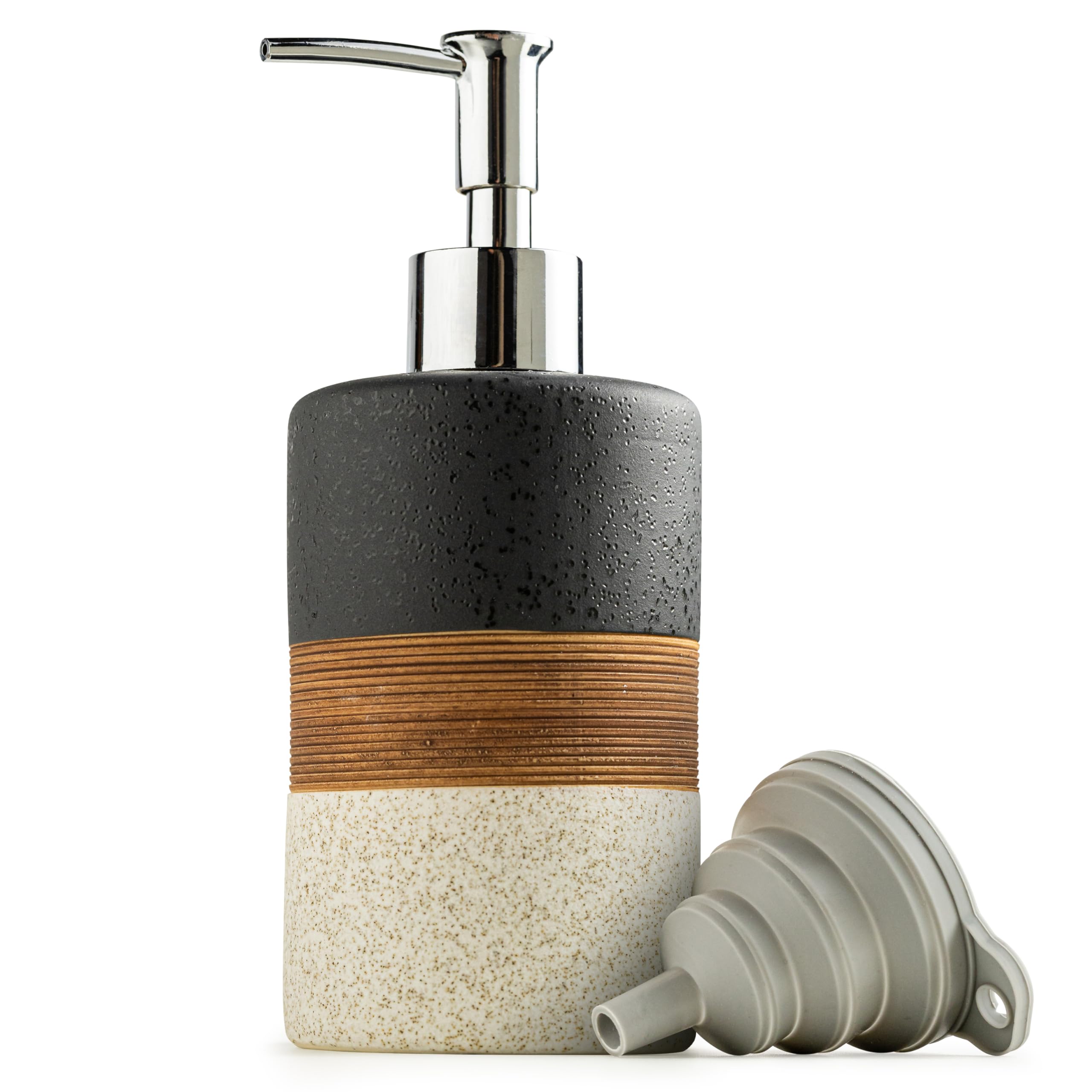 Photo 1 of Cormomu Dish Soap Dispenser Set with Silicone Funnel, Hand Soap, Shampoo, Body Wash, Ceramic Liquid Soap Dispenser for Kitchen and Bathroom Countertops, Stainless Steel Pump, Non Slip, 12 Oz, Black