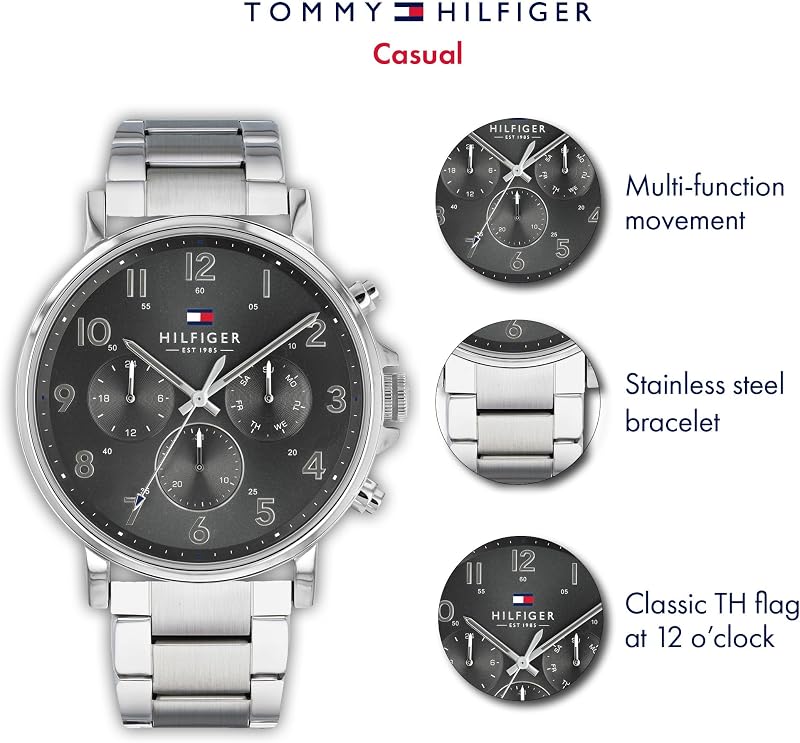Montre Multifonction à Quartz Analogique pour Homme 44mm - Cadran Gris, Bracelet en Acier Inoxydable Argenté, 3 sous-Cadrans, Résistance à l'eau 3ATM - 1791397