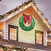 LAMPHOME 24in Pre-Lit Outdoor Christmas Wreath Decoration, 104 LED Lights Metal Holiday Decor for Home, Bow - Green/Red