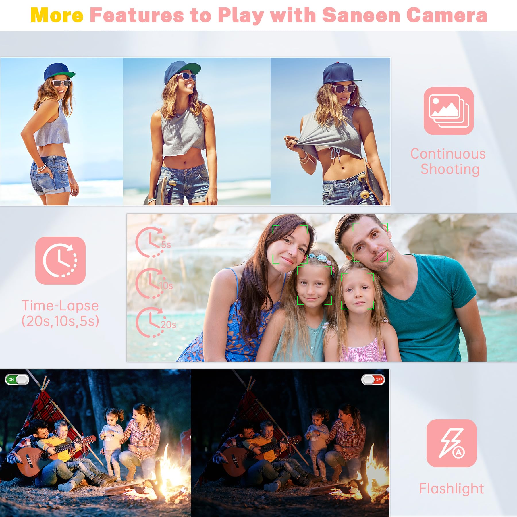 Digital Camera, Saneen FHD Kids Cameras for Photography, 4K 44MP Compact Point and Shoot Camera for Kids, Teens & Beginners with 32GB Card,16X Digital Zoom, 2 Rechargeable Batteries-Pink