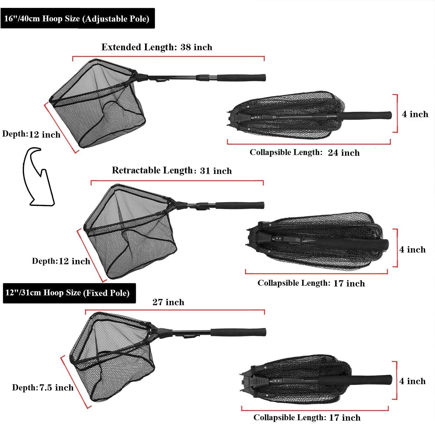 PLUSINNO Fishing Net Fish Landing Net, Foldable Collapsible Telescopic Pole Handle, Durable Nylon Material Mesh, Safe Fish Catching or Releasing (12"/31cm Hoop Size (Fixed Pole)) : Sports & Outdoors