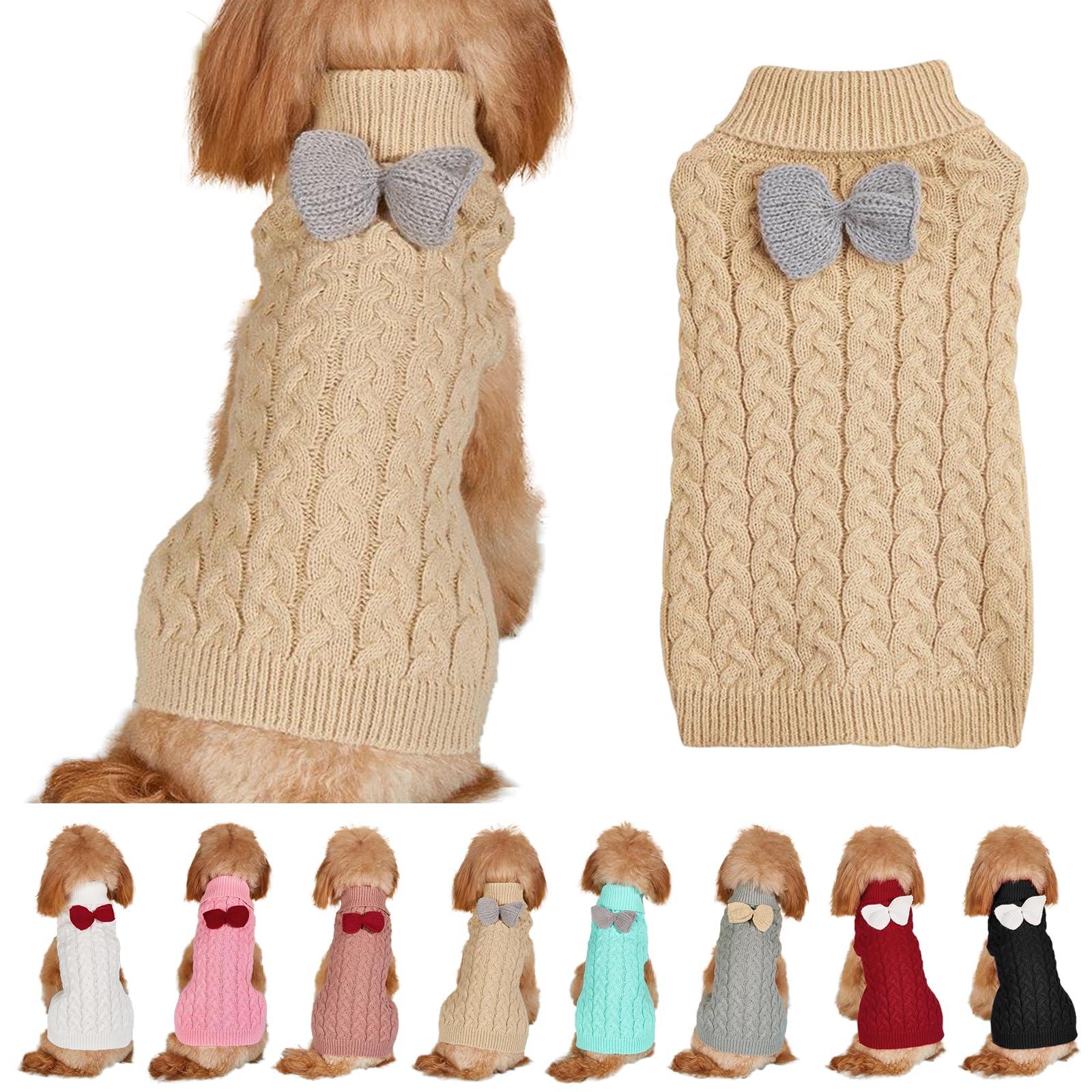 Yanmucy Dog Turtleneck Sweater Bow Knitting Dog Jumper Warm Dog Winter Clothes Pullover Knitwear Crochet Dog Coat Christmas Costume for Small Medium Large Dogs Cats (Khaki, L)