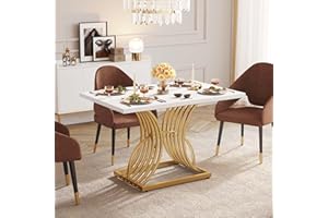 DWVO Modern Dining Table for 4 People, 47" Rectangular Kitchen Table with Faux Marble Tabletop and Gold Geometric Legs, Small Dinner Table Kitchen & Dining Room Furniture, White & Gold