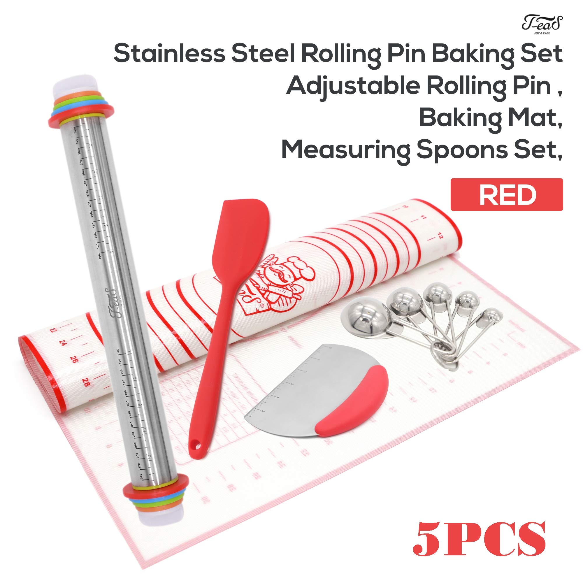 Rolling Pin Baking Supplies Stainless Steel Complete set - Adjustable Rolling Pin, XL Size Mat, Measuring Spoons Set, Scrappers(1 Silicone and 1 Dough Scraper with Measurements) - RED