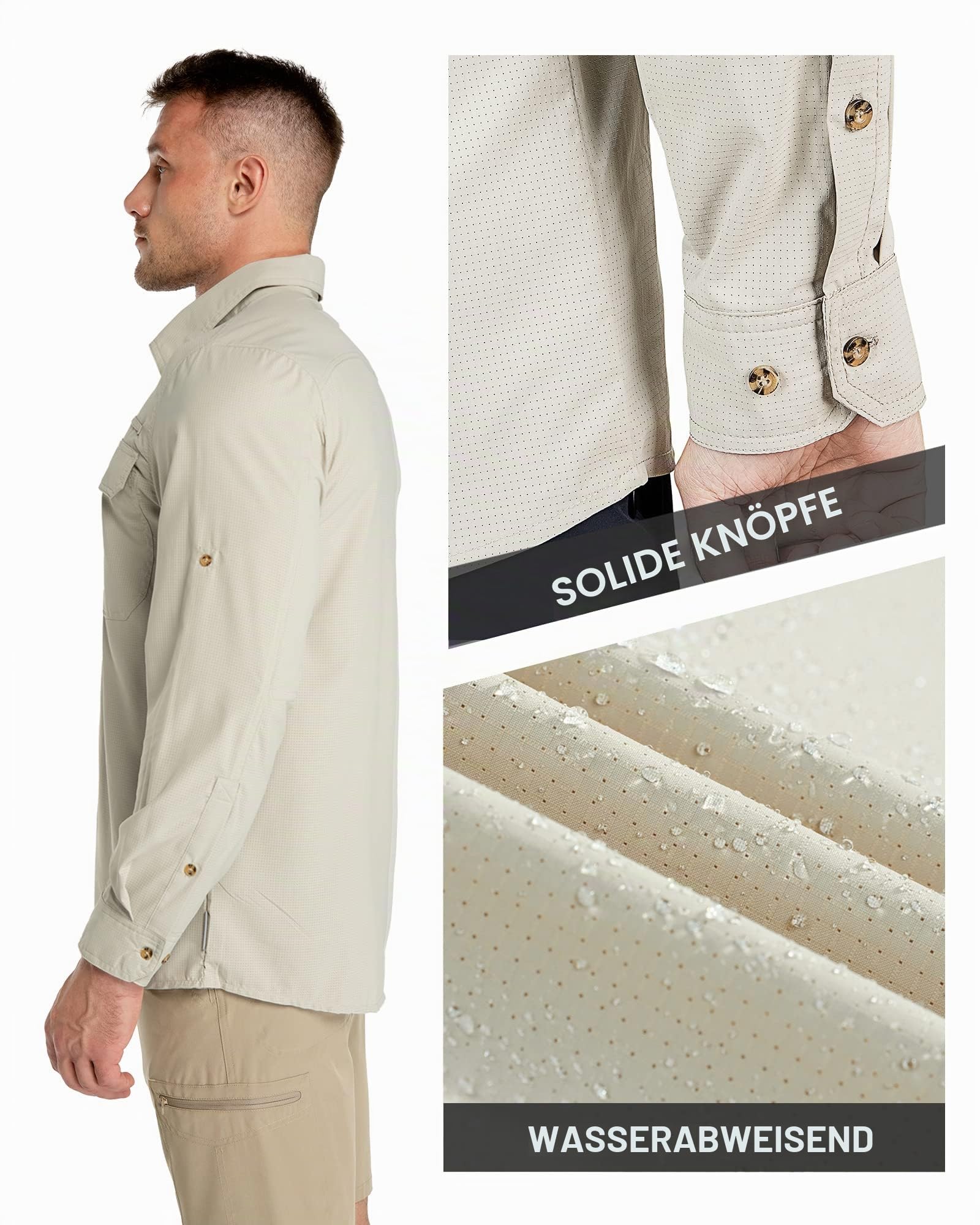 33,000ft Herren Sportshemd Langarmhemd Atmungsaktives Funktionshemd Schnelltrocknende Shirt Outdoorhemd für Männer Frühling Sommer Herbst Wandern Angeln Shirts Khak L 5