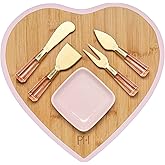 Paris Hilton Charcuterie Board and Serving Set, Bamboo Serving Board, Ceramic Dish, Cheese Utensils with Titanium Coated Blades, 6-Piece Set, Pink