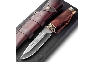 DRACHENADER Fixed Blade Hunting Knife with Leather Sheath YU-LN, 10.63" Camping Knife with Rosewood Handle, 5Cr14MoV Stainles
