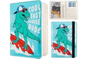 AIRMORS passport Holder,Rfid Blocking Travel Wallet Credit Card Case Cute Passport cover for Women/Men,Boys Girls Travel Essentials (Surfer Dinosaur)