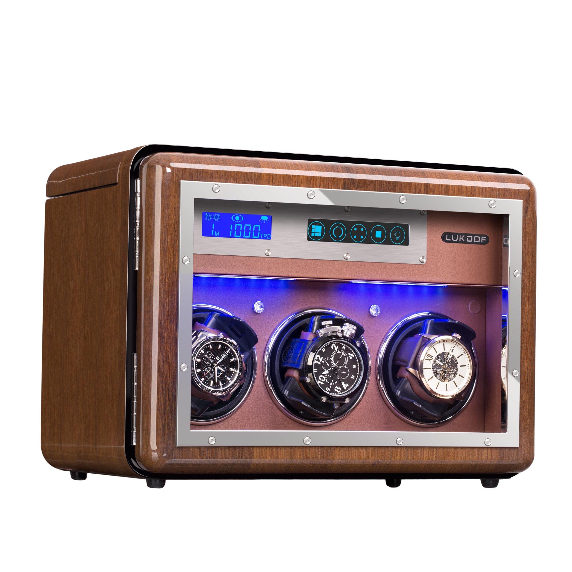 LUKDOF Automatic Watch Winder with 3 Quiet Running Motor Watch Winding LCD Display+ 4 Storage Box, Diamond Decorated, Walnut Watch Winder for Rolex with 5 Adjustable Upgraded Watch Pillows, AC Adapter