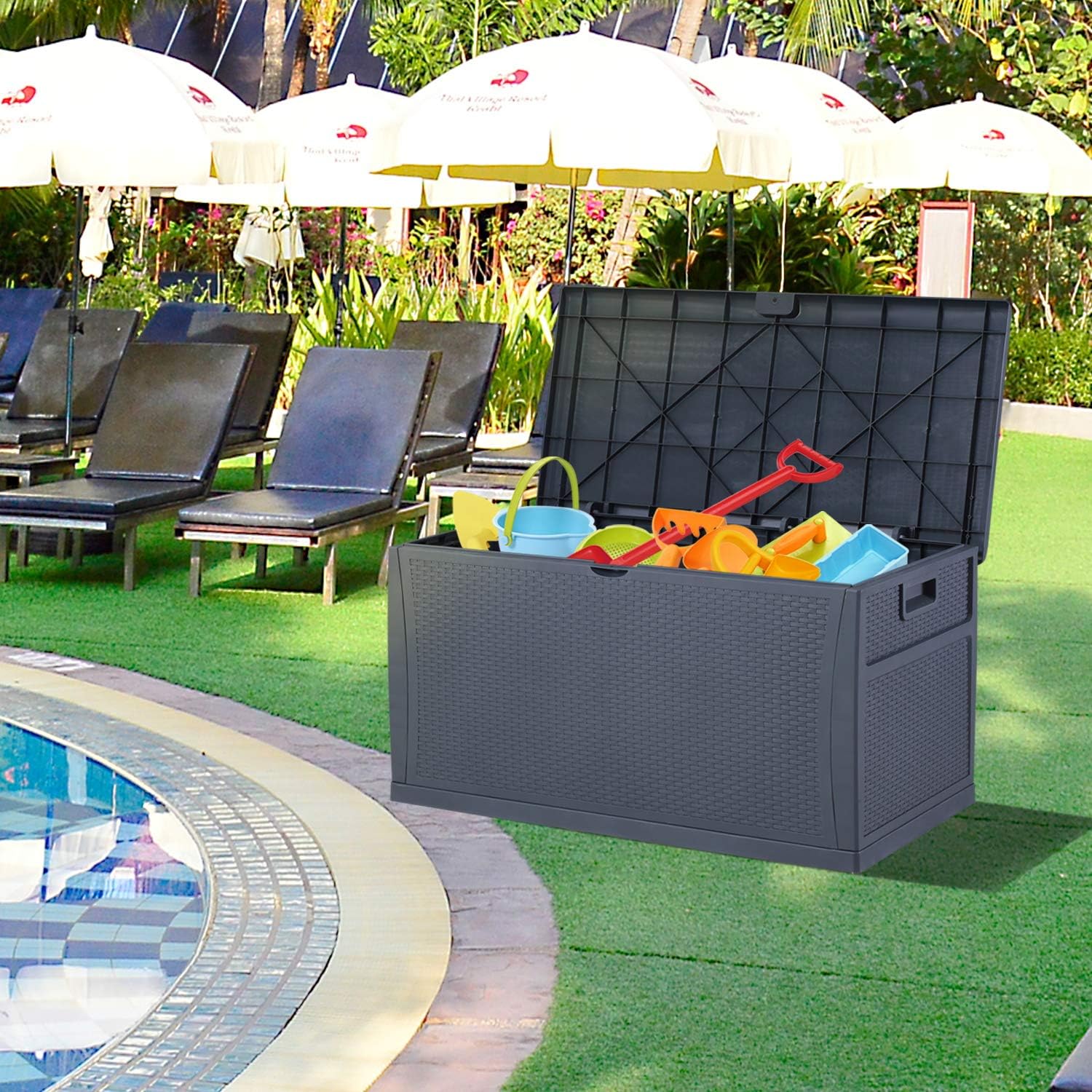 120 Gallon Patio Stroage Deck Box Waterproof Plastic Outdoor Storage Container for Patio Furniture Cushions,Pool Toys,Garden Tools: Home Improvement