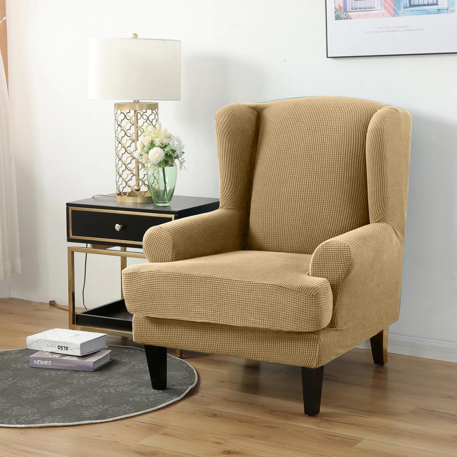 PETCUTE Wing Chair Slipcovers Armchair Covers with Ears Stretch Wing Chair Covers Jacquard Furniture Protector Beige