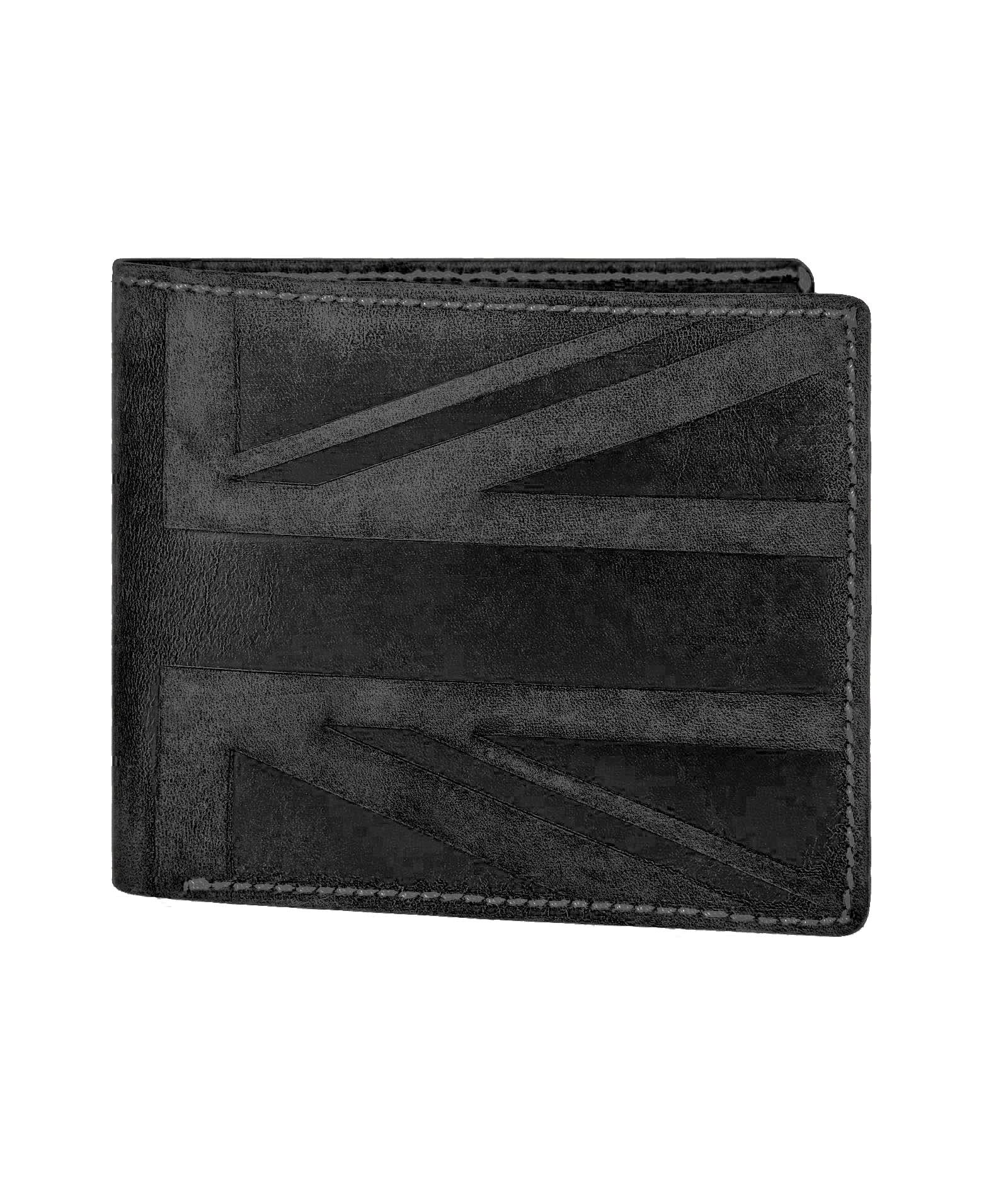 Hudson & James Designer London Real Distressed Leather Mens Wallet with Zip Coin Pocket Credit Carder Holder Bifold Purse UK Union Jack (Black)