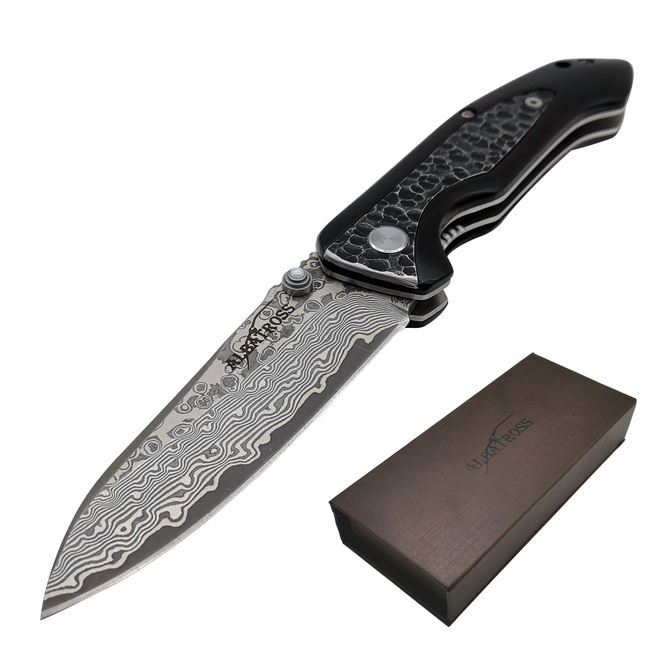 Photo 1 of ***(MAJOR DAMAGE/ SEE NOTES)***ALBATROSS Ebony Wood Damascus Pocket Knife - 7.5" EDC Folding Knife with 71-Layer Steel Blade - Liner Lock Mechanism - Handcrafted Gift Box - HGDK011