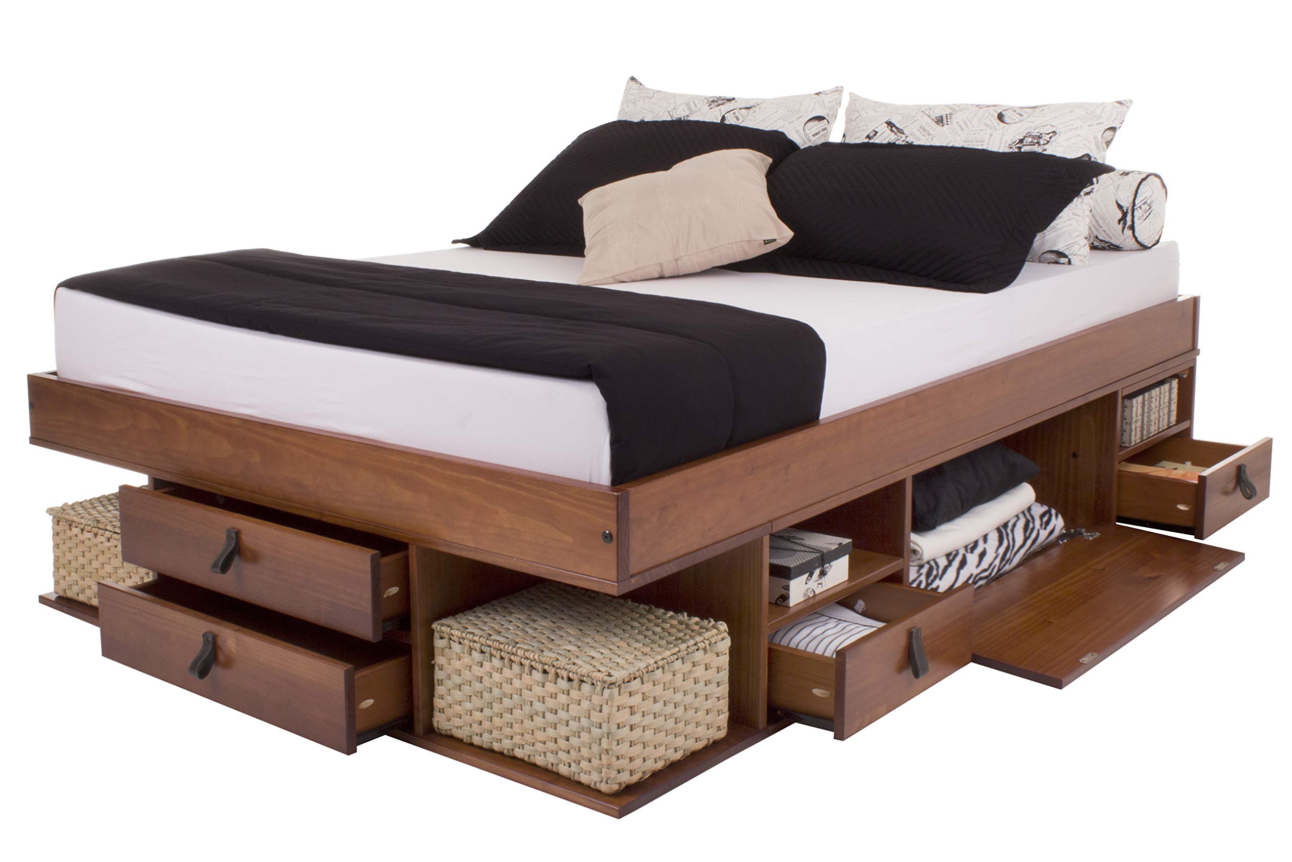 Storage Bed Bali Special Double (140x190 cm) Caramel - Double bed frame with drawers and shelves, ideal for small bedrooms - Sturdy storage platform bed of solid pine wood - Incl. slatted frame