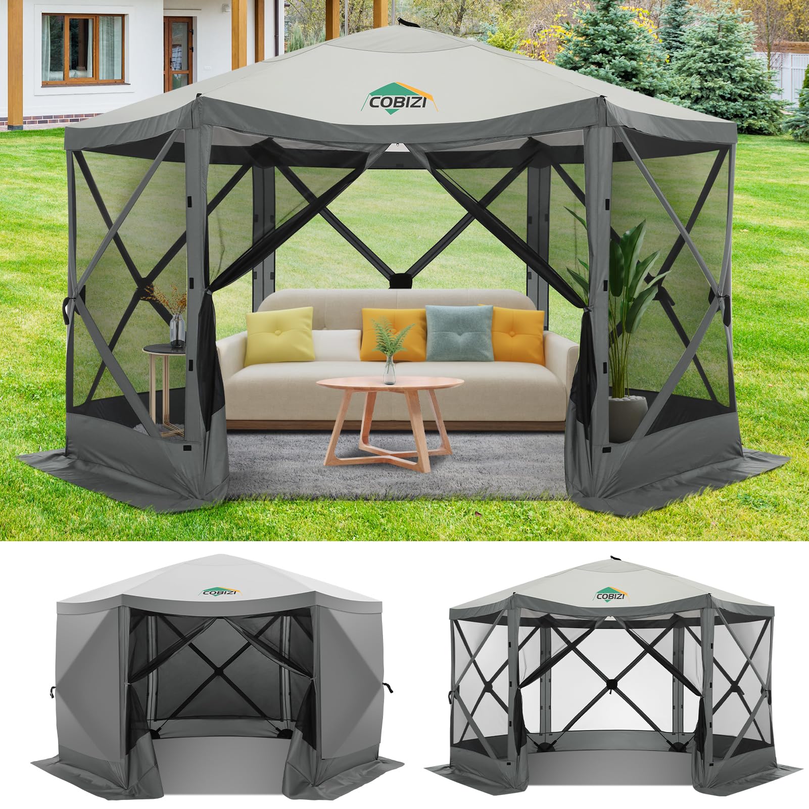 Photo 1 of **DIRT DAMAGE**COBIZI 12x12ft Pop up Gazebo Screen Tent Screen House for Camping, Camping Outdoor Screened Gazebo with Sidewalls, Portable Hub Tent with Carrying Bag and Ground Stakes, Grey(Upgraded 2.0)