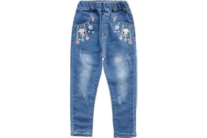 KIDSCOOL SPACE Little Girl Embroidered Slim Jeans, Big Girls Elastic Waist Denim Bottom Pants