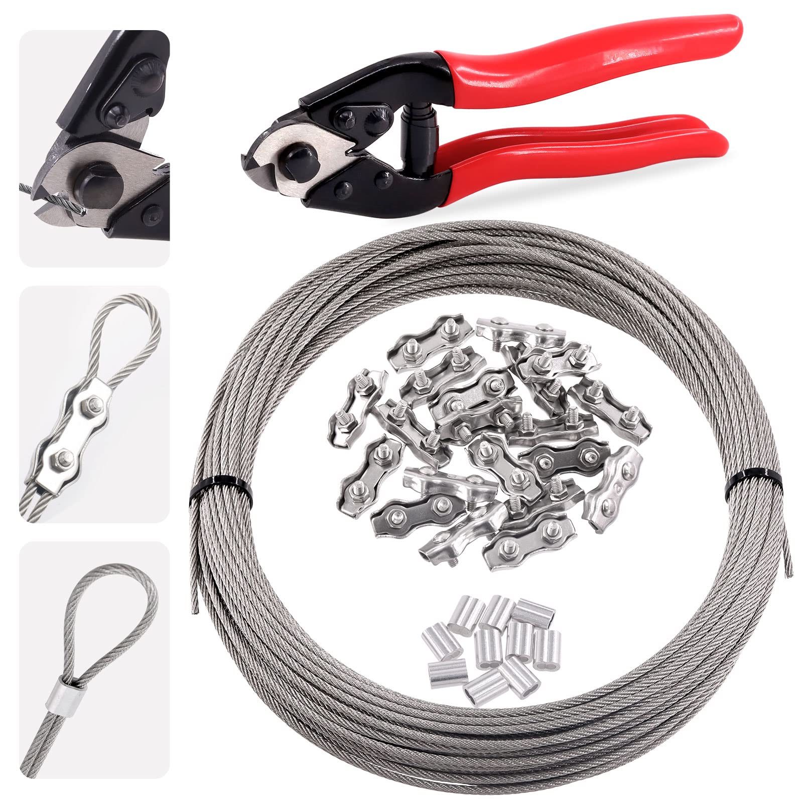 Glarks 32Pcs Stainless Steel 1/8" x 98 Feet Wire Rope Cable and 8" Heavy Duty Cable Cutter Kit with 10Pcs Aluminum Crimping Loop Sleeves and 20Pack Duplex Clips for DIY Deck Stair Railing
