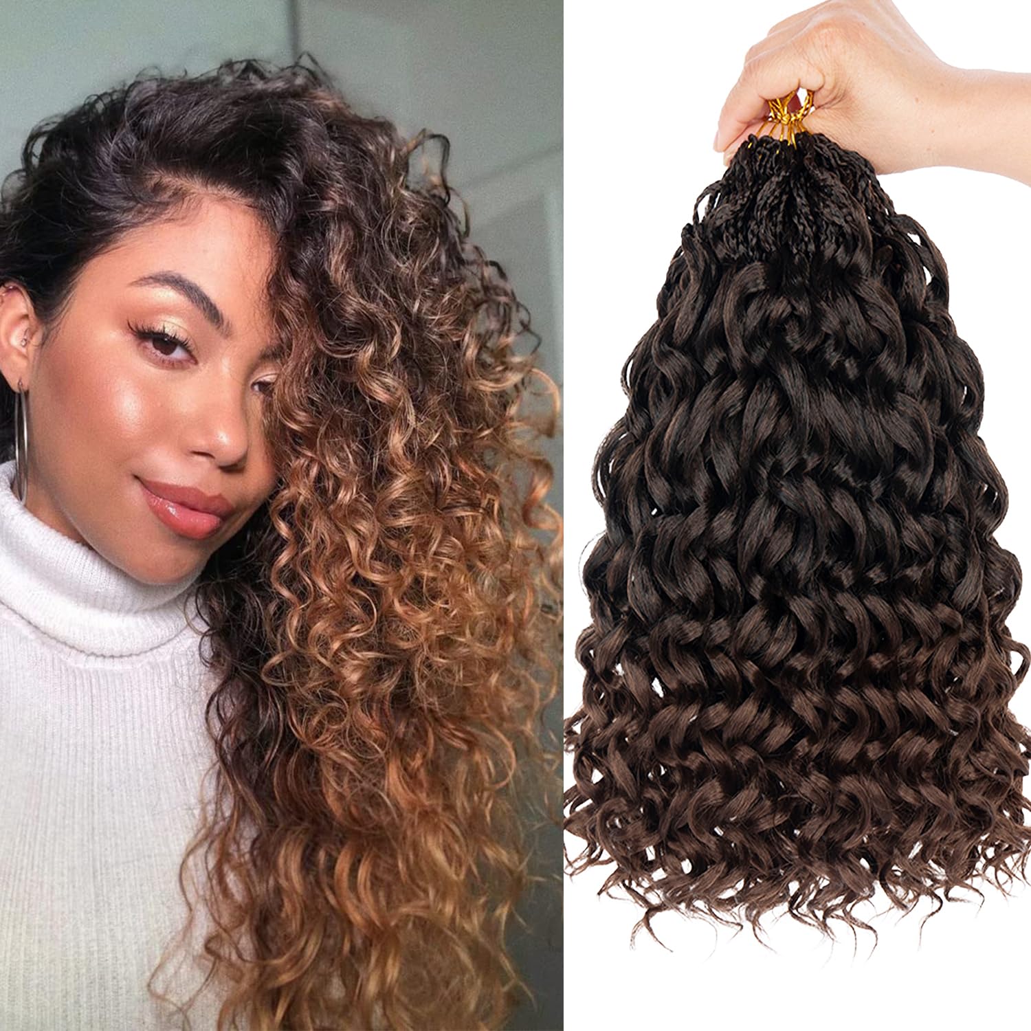 Mscat 14 Inch 8 Packs Gogo Curl Ombre Brown Pre Looped Ocean Wave Crochet Hair Short Deep Twist Curly Bohemian Crochet Box Braids Synthetic Water Wave Braiding Hair for Women