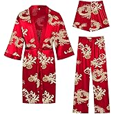SWOMOG 3Pcs Men's Satin Robe Silk Satin Kimono Bathrobe with Shorts&Pants Set Soft Lightweight Nightwear