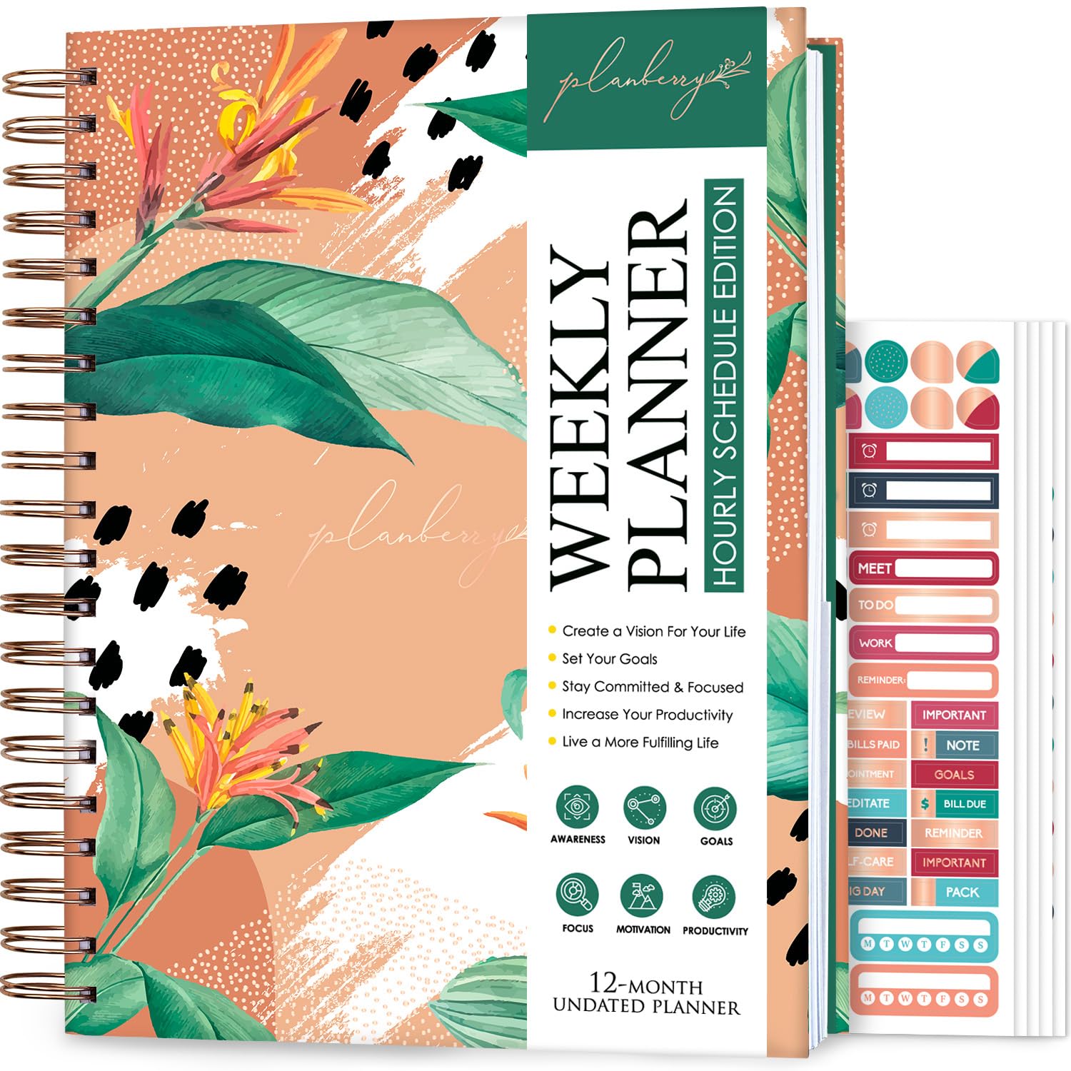 PLANBERRY Large Hourly Schedule Planner Premium – Undated Organizer for Productivity, Time Management & Budget, 20x27cm (African Terracotta) — image 1