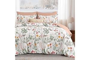 Yiran 7 Piece Floral Comforter Set King Size, White Green Summer Comforter Bedding Set, Botanical Bed in a Bag with Flowers P