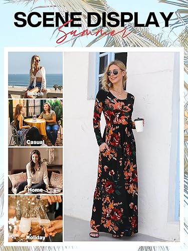 VIISHOW Women's Long Sleeve Floral Dress Loose Plain Maxi Dresses Casual  Long Dresses with Pockets(Brown Flora