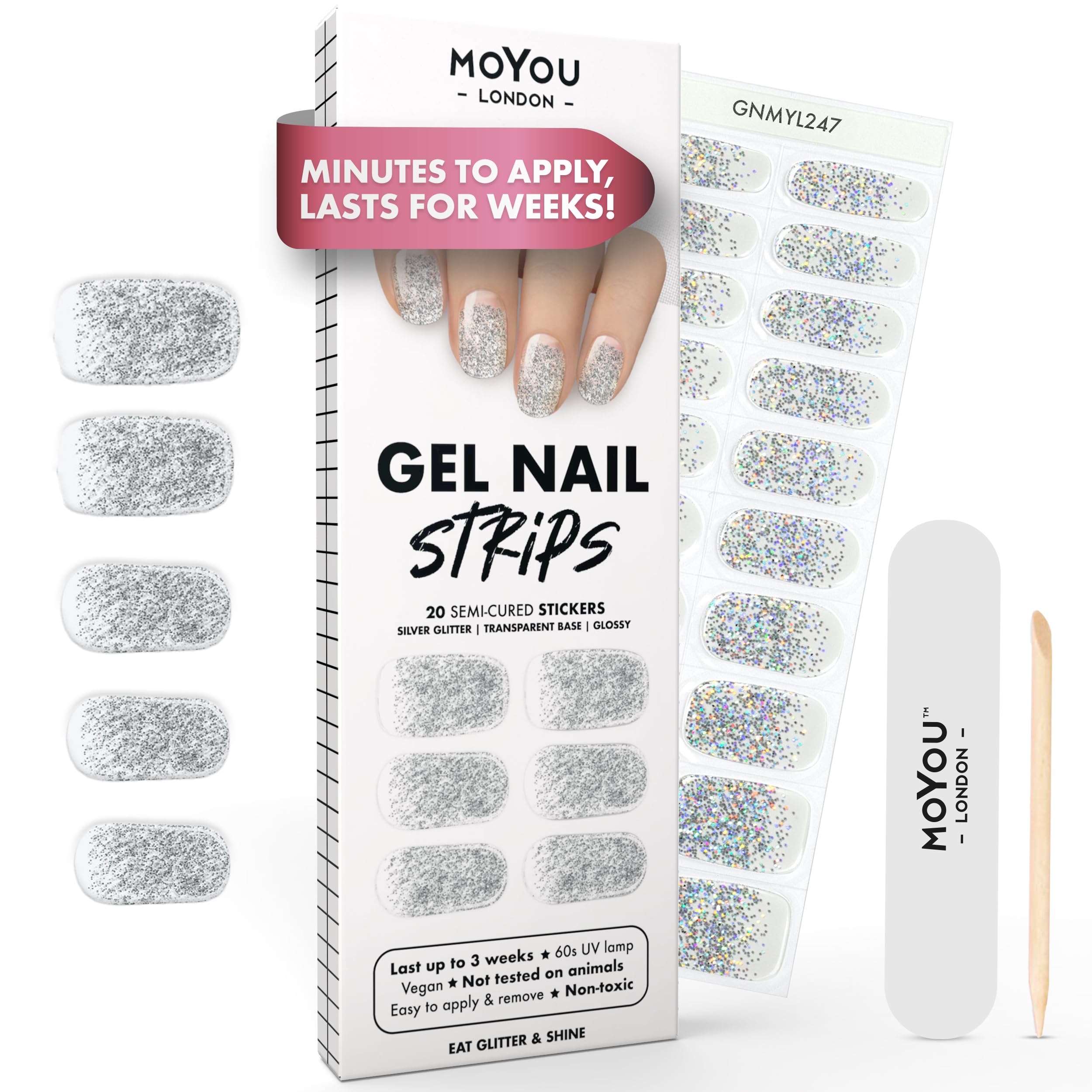 MOYOU LONDON Semi Cured Gel Nail Strips - 20 Pcs. Waterproof Gel Nail Wraps, Cures in Sunlight or UV/LED Lamp, Lasts Up to 2+ Weeks, Stretchable, Easy to Apply & Remove, Vegan & Cruelty-Free