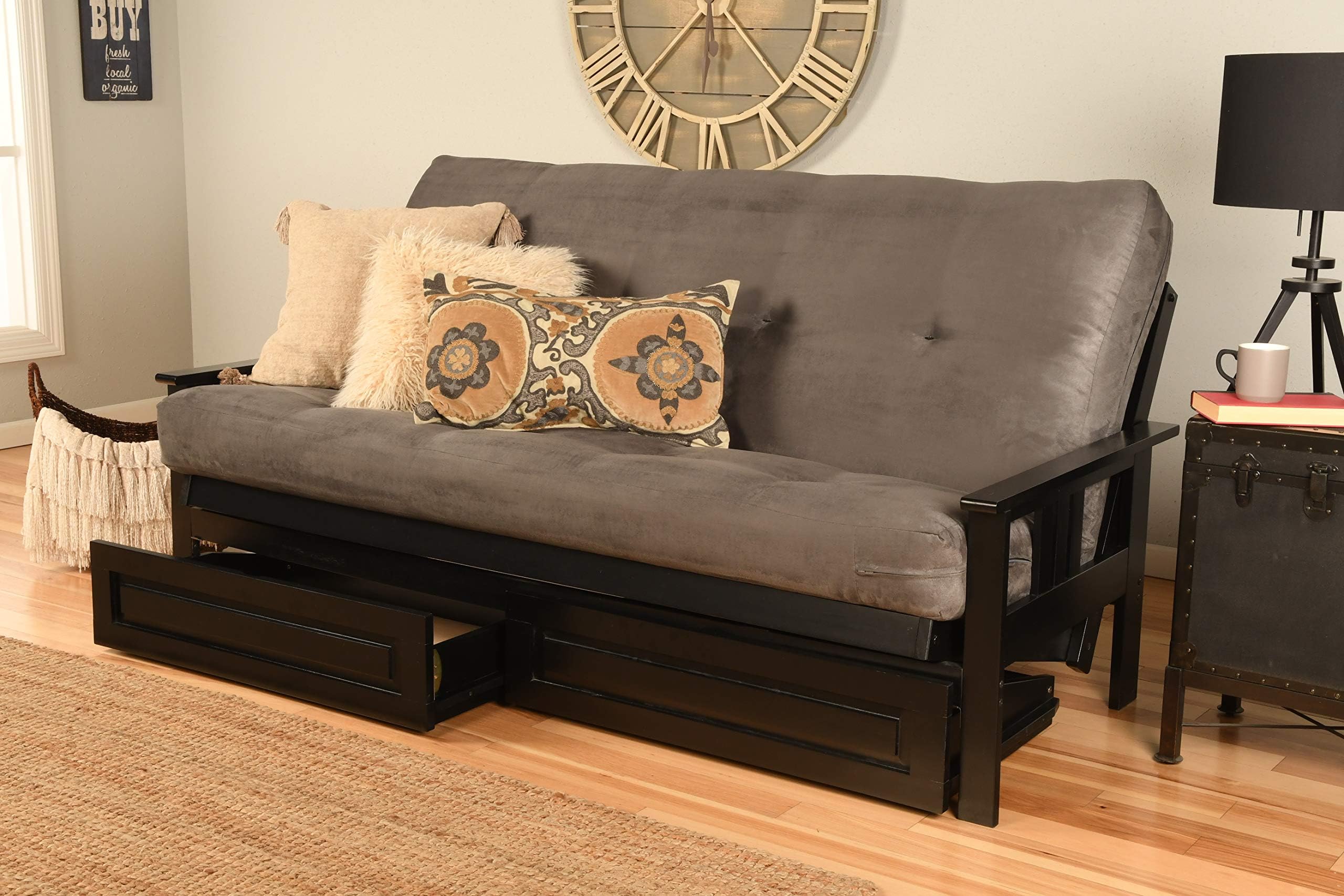 Jerry Sales Black Finish Futon Frame, Drawers and Mattress Suede Grey 7 inch Innerspring (Grey Matt, Frame w/Drawers)